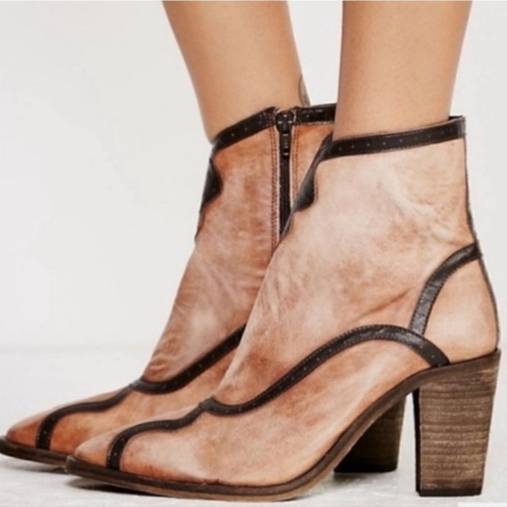 Free People Winding Road Tan Brown Leather Western Cowboy Booties Size 38